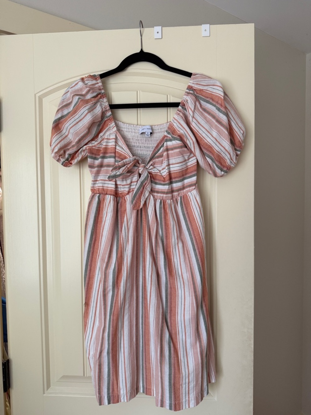 Striped Puff Sleeve Tie-Front Dress in Peach & Sage